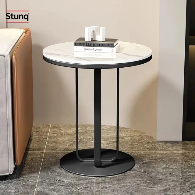 Stunq Ronde bijzettafel met marmerlook blad en zwart metalen frame Wit