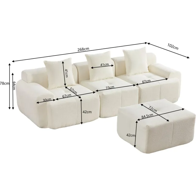 MODENUIT Hoekbank 268 x 102 x 78 cm - 3-Zits Modulair Met Verplaatsbare Hocker - Voor Woonkamer - Stof Beige