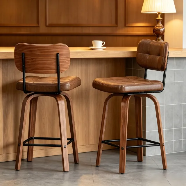 STILVORA Barkruk 44 x 49 x 94 Cm - Draaibaar Met Rugleuning En Gewatteerde Zitting - Voor Keuken En Bartafel - Hout En Kunstleer - Walnootbruin Walnut Brown