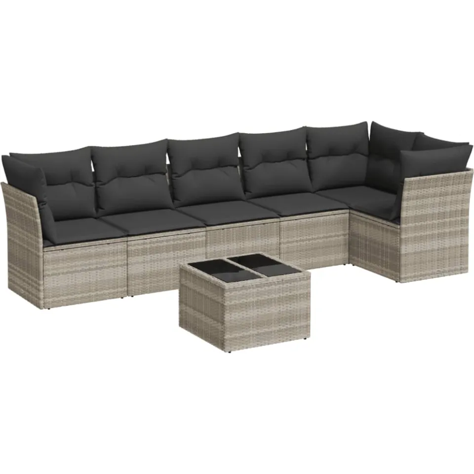 vidaXL 7-delige Loungeset met kussens poly rattan lichtgrijs grijs