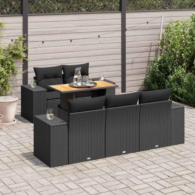 vidaXL 6-delige Loungeset met kussens poly rattan zwart, foto 2