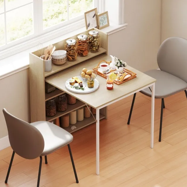MIVRAY Eettafel - Opklapbaar Met Drie Opbergplanken - Voor Kleine Keukens En Woonruimtes - Hout En Metaal - 78,5 x 91 x 93 Cm - Eik Eiken