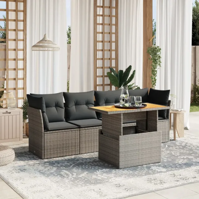 vidaXL 5-delige Loungeset met kussens poly rattan grijs, foto 2