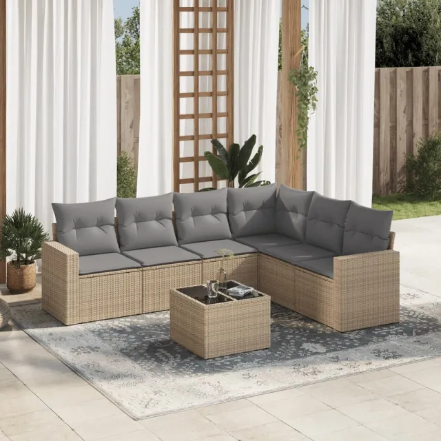 vidaXL 7-delige Loungeset met kussens poly rattan beige, foto 2