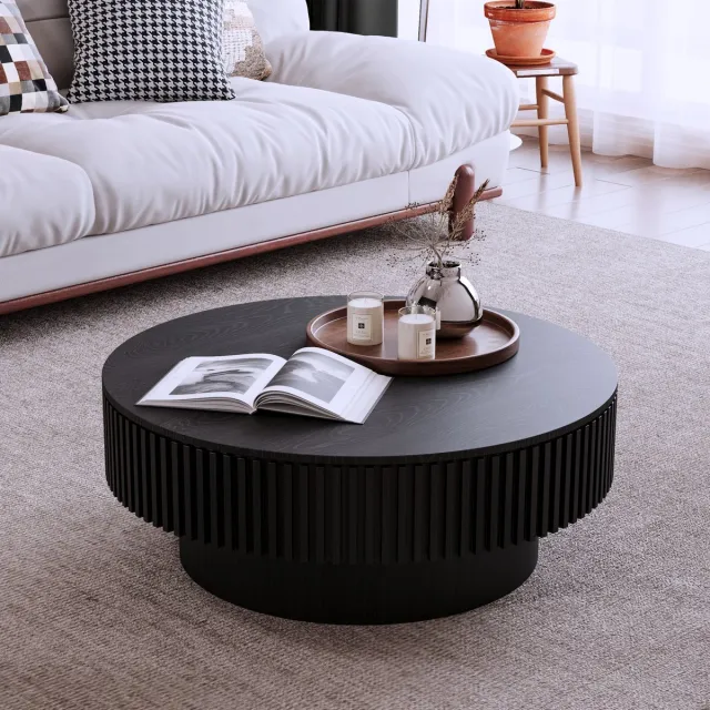 STILVORA Salontafel - Ronde Tafel Met Verborgen Opbergruimte - Voor Woonkamer En Slaapkamer - Massief Hout En MDF - Zwart Wit, Houtkleur