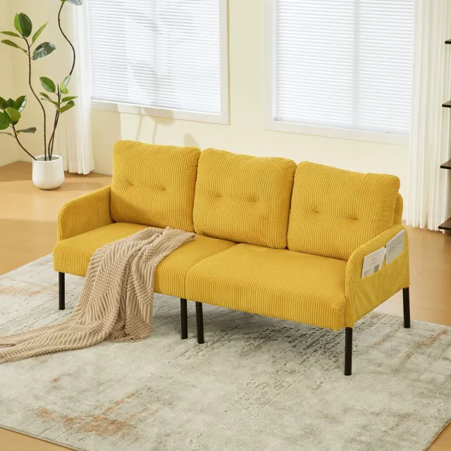 OKWISH Zitbank 171 X 72 X 80 Cm - Zachte Cord 3-Zits Bank Met Zijvak En Ergonomische Rugleuning - Woonkamer Slaapkamer - Corduroy - Geel