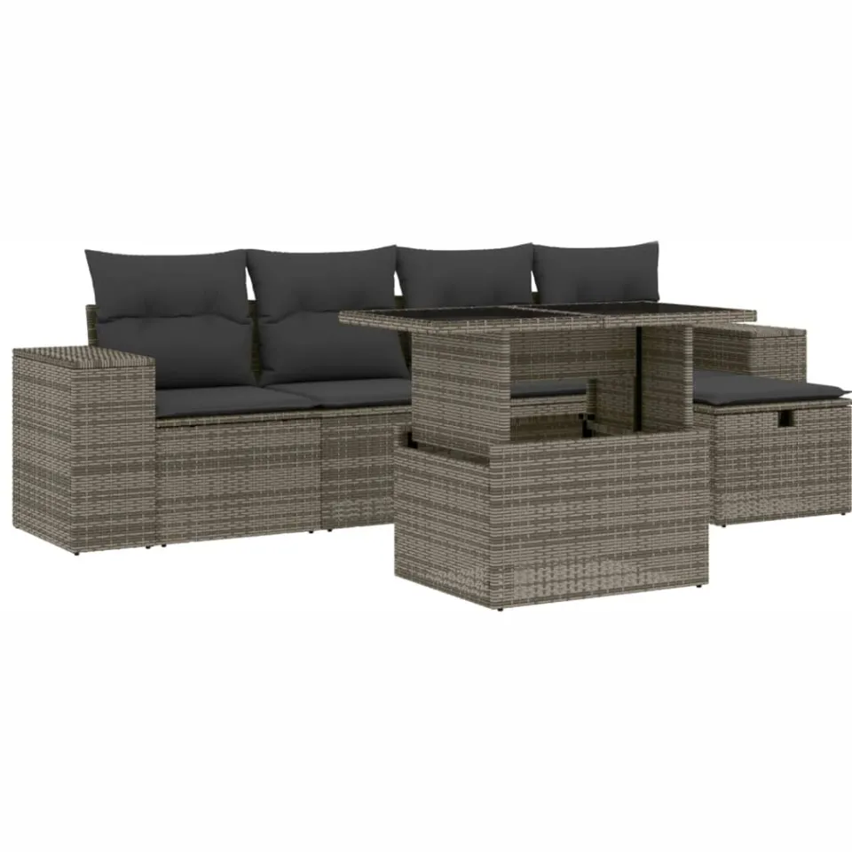 vidaXL 6-delige Loungeset met kussens poly rattan grijs, foto 3