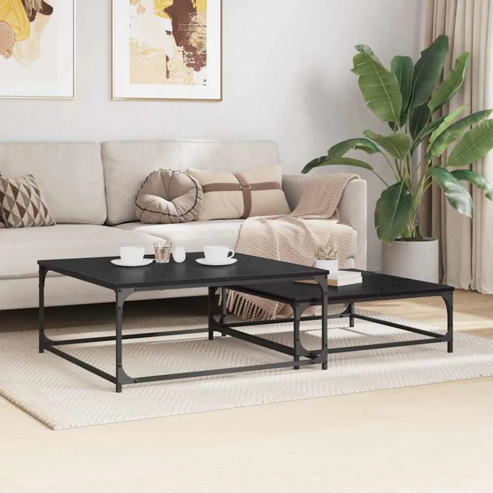 vidaXL Salontafel 2 st Zwart Eiken 80 x 80 x 35 cm Bewerkt hout, foto 3