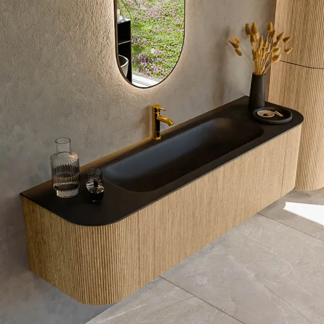 Mondiaz KURVE 160 cm Onderkast Greeploos 1 Lade Met Deuren Oak, Wastafel Solid Surface Midden Urban 1 Kraangat Zonder Spiegel (KRVBGM160L+R1L2D1KM-Oak/Urb)