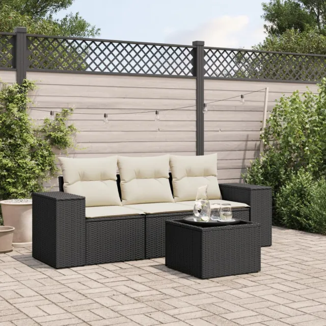 vidaXL 4-delige Loungeset met kussens poly rattan zwart, foto 2