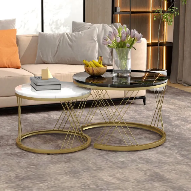 Wishdor Salontafelset - Rond Nestbaar - Modern - Voor Woonkamer - MDF Met Marmerpatroon En Metaal - Set Van 2 Zwart