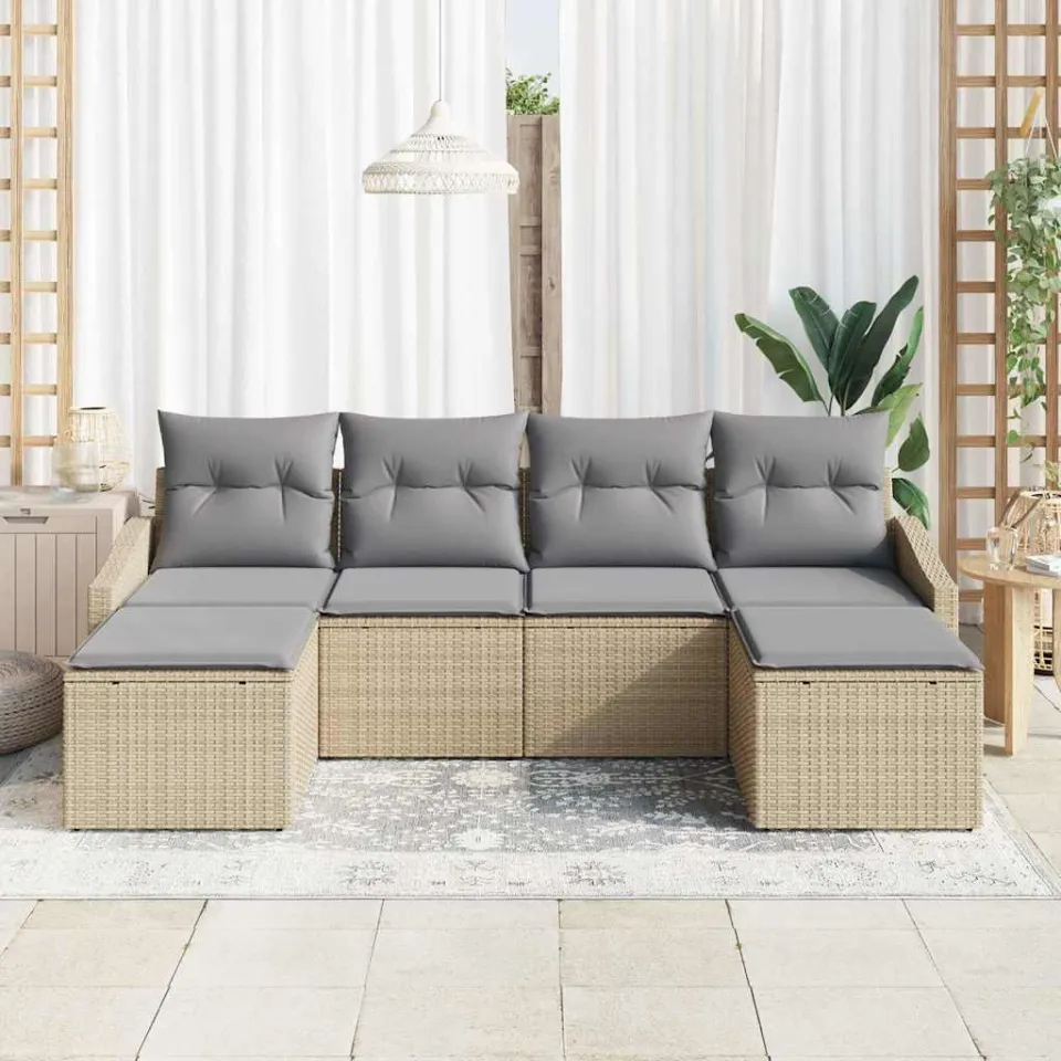 vidaXL Tuin Eetset 6 st Beige en Licht Grijs poly rattan, foto 3