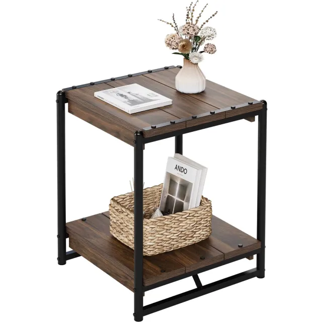 Whoopr® Industriële Bijzettafel met 2 Niveaus – Vierkante Sidetable met Opbergplank – Houten Nachtkastje met Zwart Metalen Frame – 50 × 45 × 61 cm – Walnoot Bruin