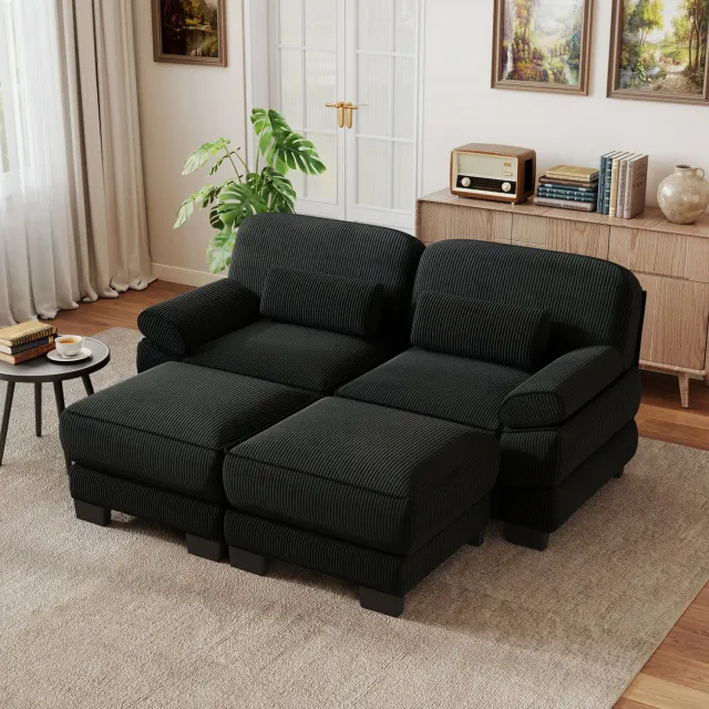 Wishdor Modulaire 2-zitsbank met 2 voetenbankjes - Flexibel in L-vorm of U-vorm te plaatsen - Dikke zitkussens en lendenkussen - Ribfluweel - Woonkamer en appartement - Zwart - 194 x 161 x 94 cm