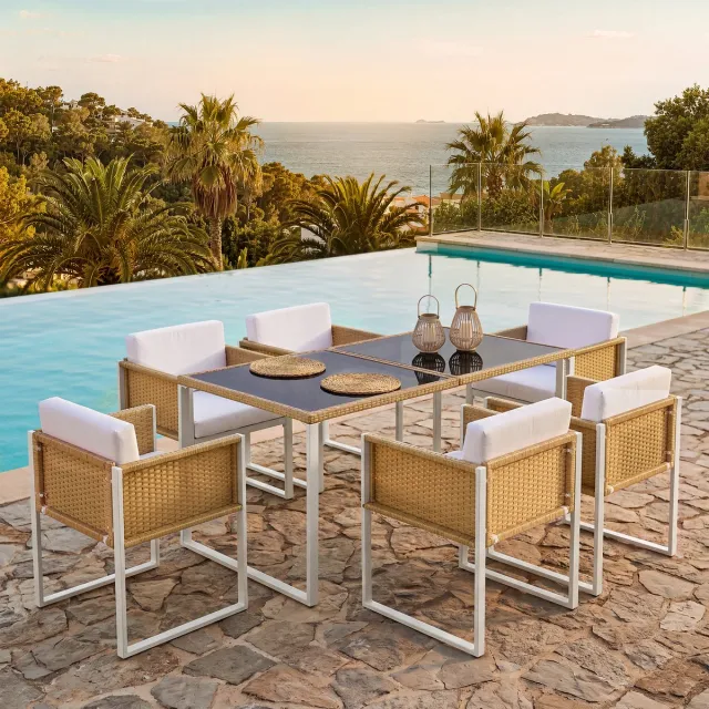 Zubaliya Polyrattan Eetset - 6 Personen - Gehard Glas - 8.5 cm Kussens - Afritsbare Hoezen bruin