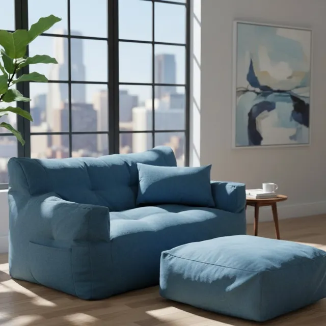 GARDEN HOUSE GARAGE Luxe Dubbele Zitzak Bank met Voetenbank – Comfortabele Hoge Rug Ligstoel voor Volwassenen en Kinderen – Binnen en Buiten – Bean Bag Cover (Alleen Hoes, Inclusief Gratis Voetenbankhoes) – Duurzaam & Wasbaar House&Garden blauw