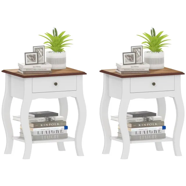 JOYNEXTBUY Nachtkastjes Set van 2 – Wit & Eiken – Met Lade, Open Vak en Opbergvak – Franse Stijl – 45 x 35 x 55 cm – Bijzettafel