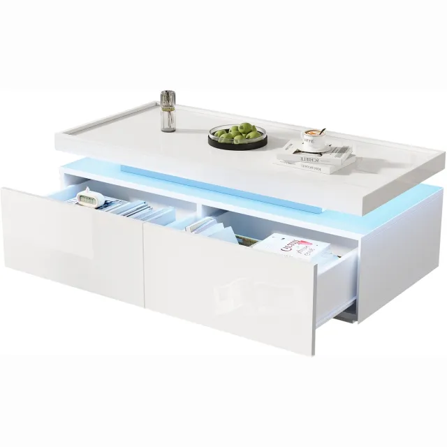 MODFU Salontafel 95 x 45 x 35 cm van spaanplaat, hoogglans wit met LED en 2 lades, minimalistisch design