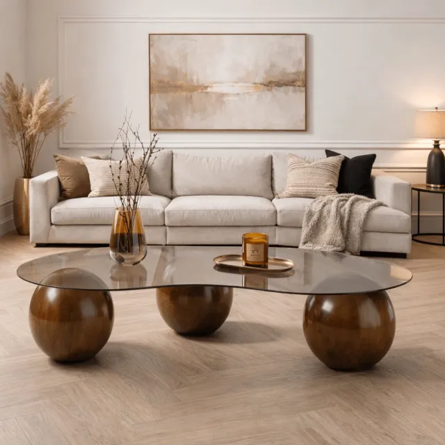 Dimehouse Organische salontafel grijs getint glas walnoot bolpoten Sphere 120x70 cm - 120 x 70 x 30 cm - Glas - Japandi - Organisch