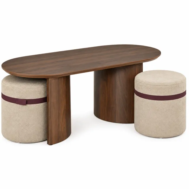 Luxevo Salontafel - 108 cm - Ovaal - Inclusief 2 Gestoffeerde Poefs - Walnoot Houtlook - Space-Saving Koffietafel Set Donker hout
