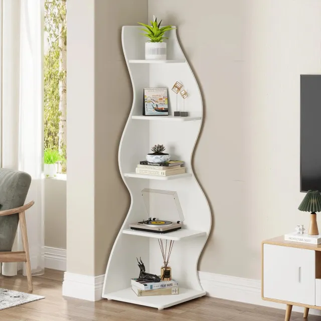 Whoopr® Moderne Hoekplank - 5-Tier Muur Hoek Boekenplank - Wandplank - Stijlvolle Hoek Boekenkast en Opbergrek - 50 x 47 x 177 cm Wit