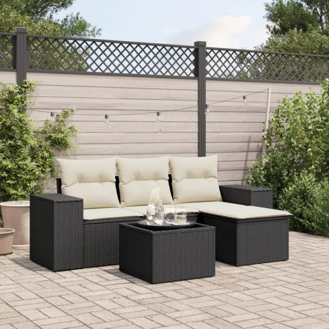 vidaXL 5-delige Loungeset met kussens poly rattan zwart, foto 2