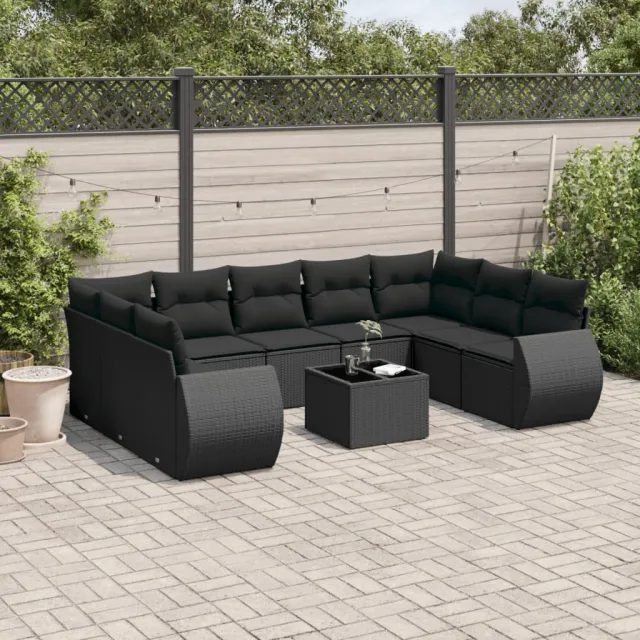 vidaXL 10-delige Loungeset met kussens poly rattan zwart, foto 2