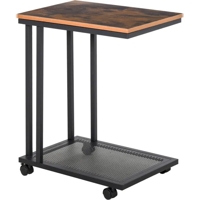Homona Bijzettafel - C-vormig - Met wielen en opbergplank - MDF en staal - 51 x 36 x 65 cm - Zwart/Walnoot Multi
