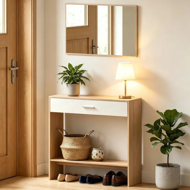 STILVORA Sidetafel Met Spiegel - Entree Organizer Met Lade En Open Schap - Modern Voor Hal En Slaapkamer - Spaanplaat - Naturel En Wit - 91,5x27,9x85,5 Cm Eiche