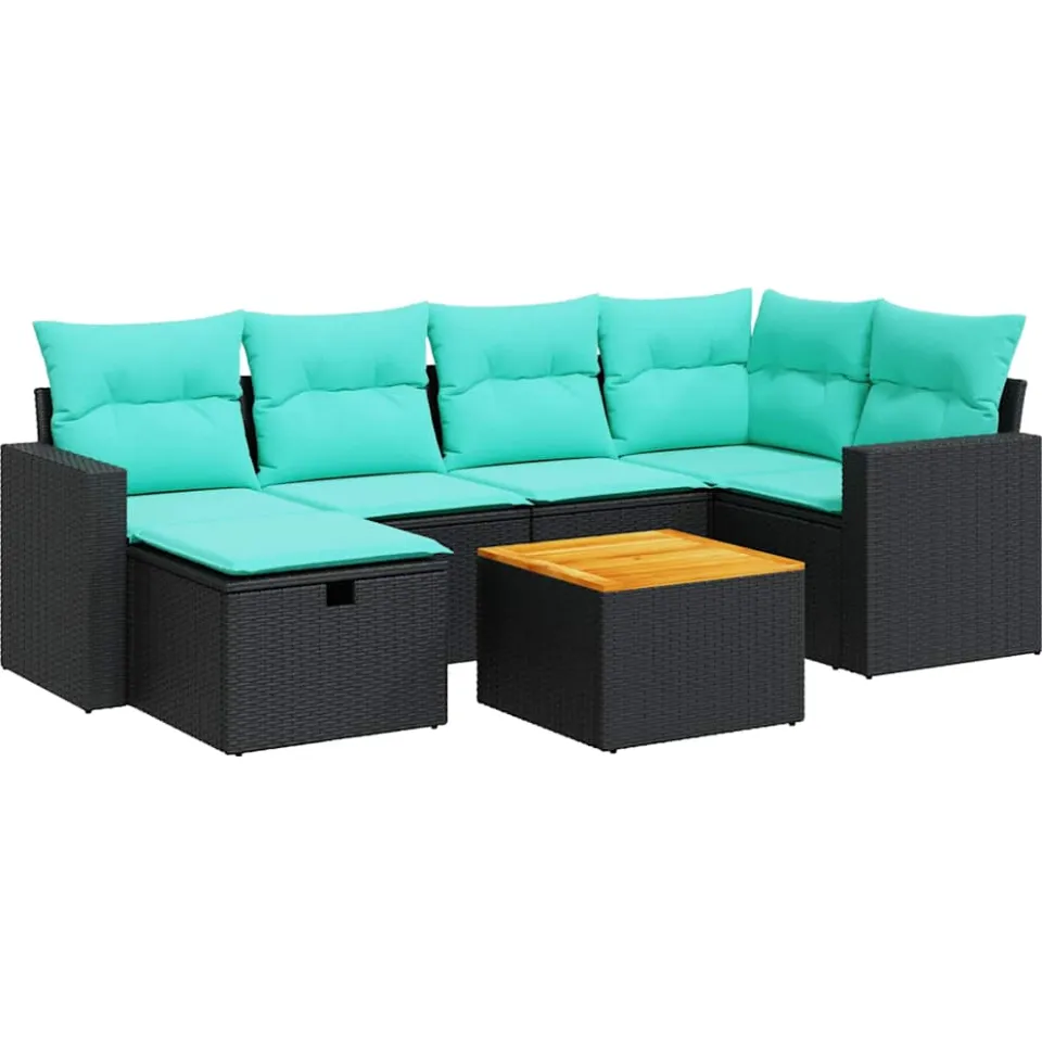 vidaXL 7-delige Loungeset met kussens poly rattan zwart