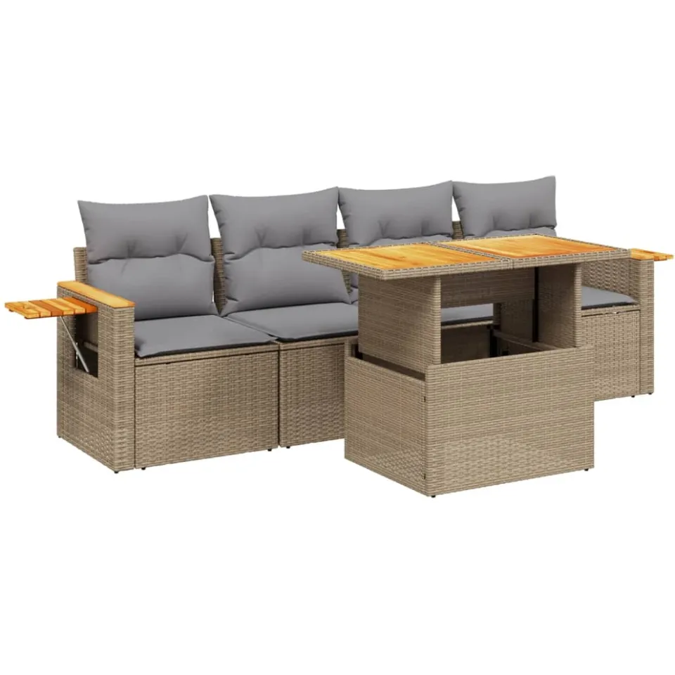 vidaXL 5-delige Loungeset met kussens poly rattan beige, foto 3