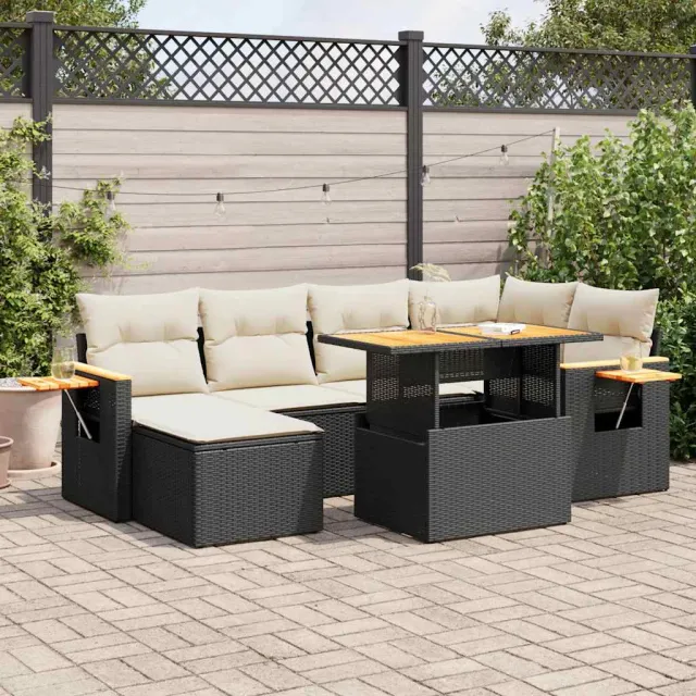 vidaXL 7-delige Loungeset met kussens poly rattan acacia zwart, foto 2