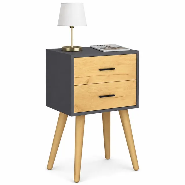 Vcm Nachttisch mit 2 Schubladen, 45 x 30 x 70 cm, Beistelltisch im Retro-Design mit Holzfüßen - Singol anthrazit / honig-eiche