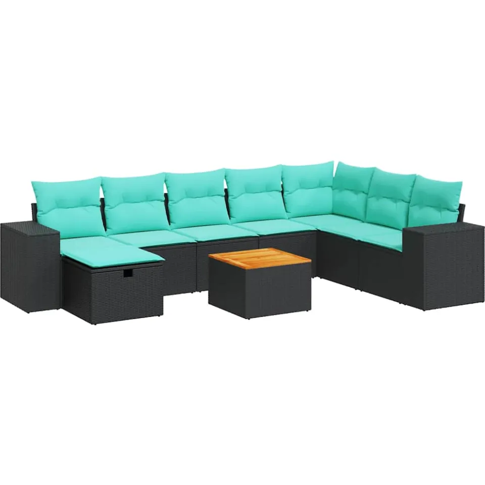 vidaXL 9-delige Loungeset met kussens poly rattan zwart, foto 3