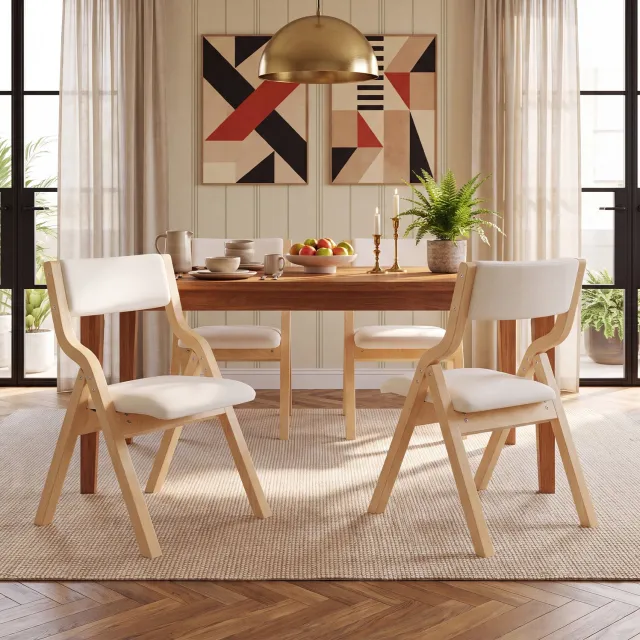WUVRIE Set van 4 klapbare eetkamerstoelen - Houten onderstel en stoffen bekleding - Beige