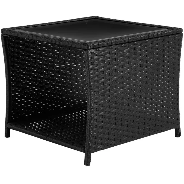 RosaBloom Polyrattan Tuintafel - Luxe Bijzettafel Buiten met Glazen Blad - Salontafel & Balkontafel met Open Opbergruimte - Zwart - 45x45x40 cm