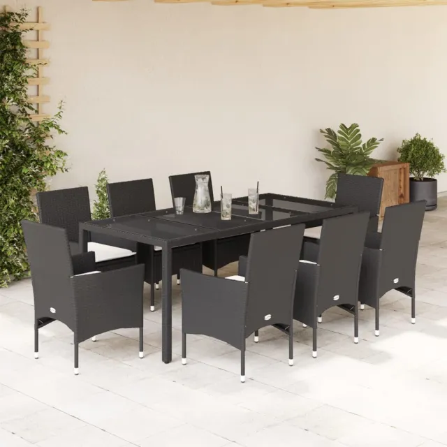 vidaXL 9-delige Tuinset met kussens poly rattan en glas zwart, foto 2