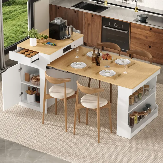 WUVRIE Uitschuifbare eettafel 55-153x80x93 cm - Met stopcontact, 2 lades en wielen - Wit