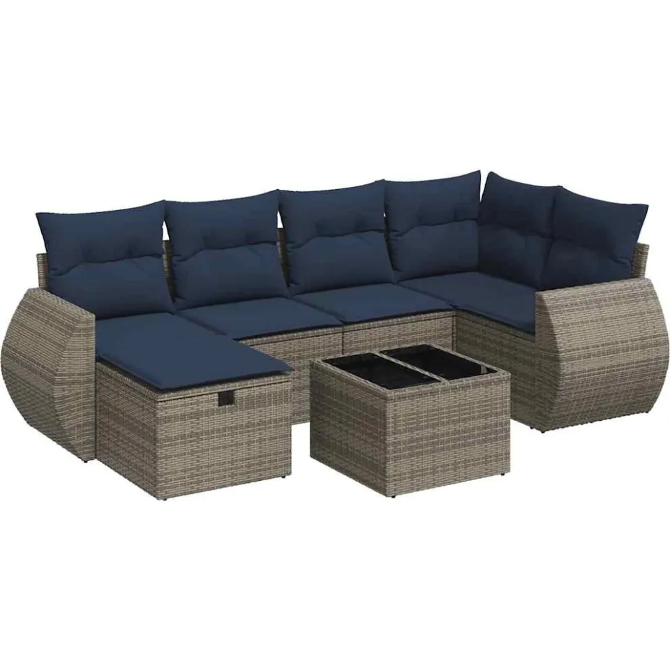 vidaXL 7-delige Loungeset met kussens poly rattan grijs, foto 3