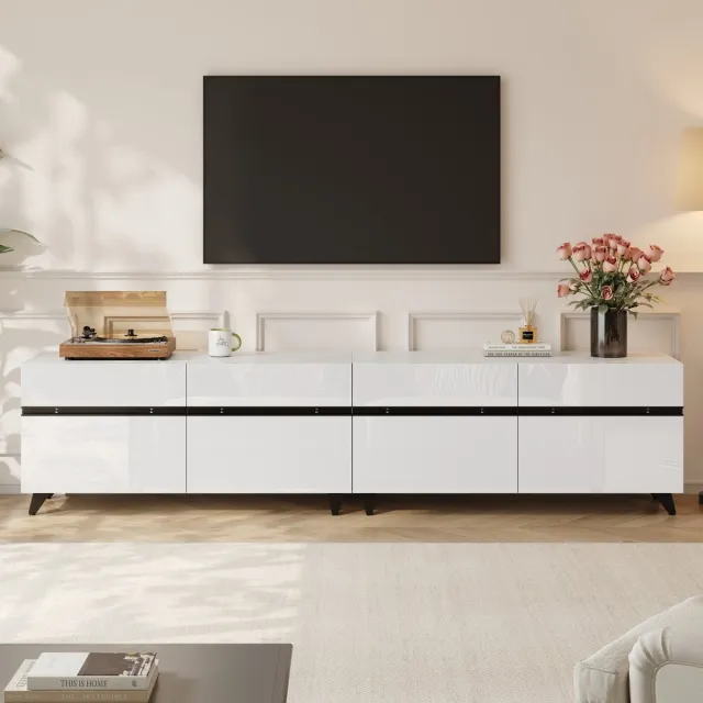 HAUSS SPOLE Tv Meubel 180 Cm Hoogglans Wit Met 4 Kastdeuren En Verstelbare Planken Voor Woonkamer En Grote Tv Van MDF Met 8 Poten