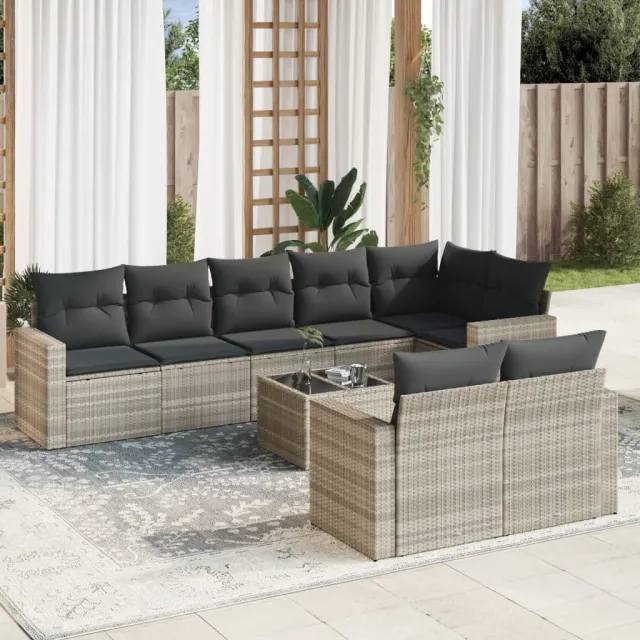 vidaXL 9-delige Loungeset met kussens poly rattan lichtgrijs grijs, foto 2