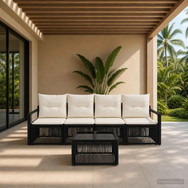 vidaXL Tuinbankenset 5 st Zwart poly rattan, foto 2