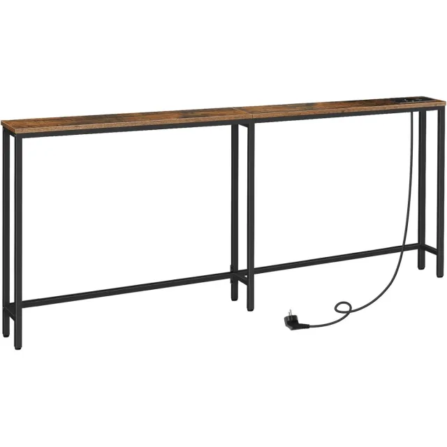 Homesy Smalle consoletafel met stekkerdoos, 200 x 15 x 80 cm , consoletafel met laadstation, smalle banktafel, console achter de bank, voor entree, hal, Rustiek Bruin en Zwart