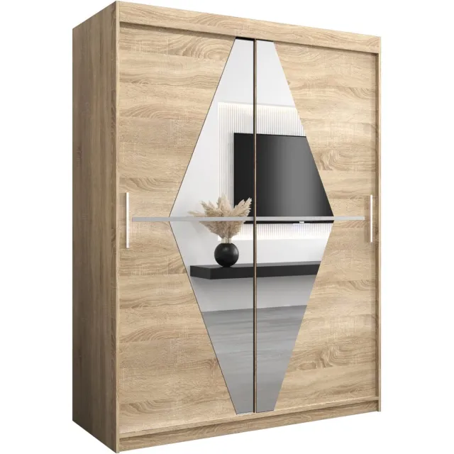 InspireME Kledingkast met 2 schuifdeuren, Modern-stijl, Een kledingkast met planken en een spiegel (BxHxD): 150x200x62 - BOLA 150 Sonoma Eik met 2 lades