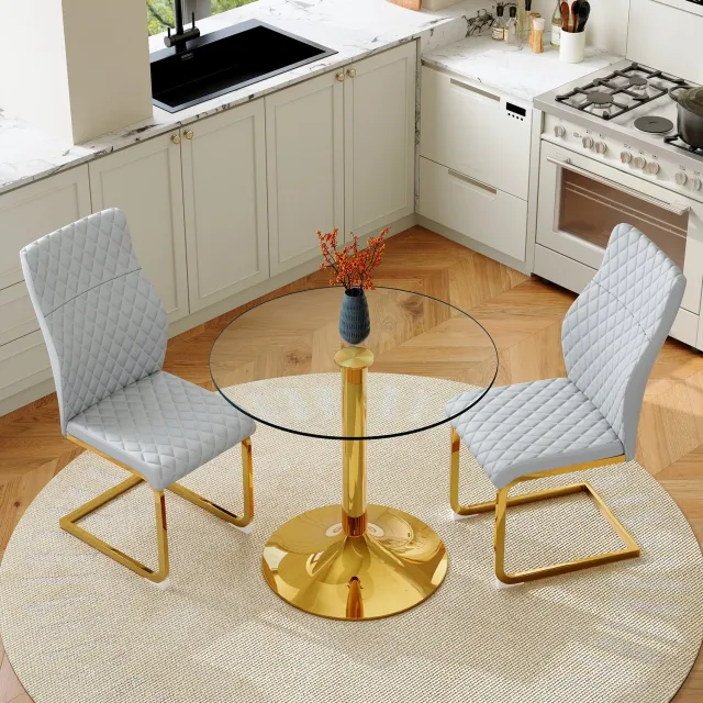 WUVRIE Eettafelset met ronde glazen tafel Ø85 cm - 2 stoelen met ruitstiksel - Lichtgrijs/goud/transparant