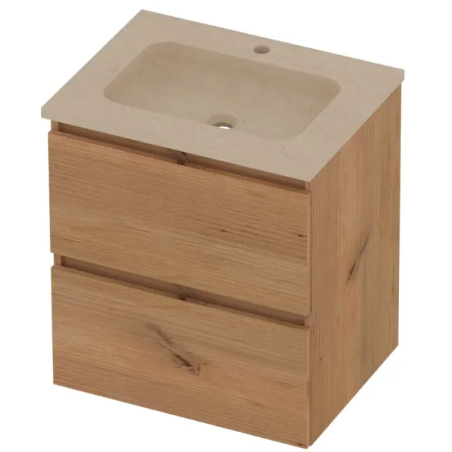 Basic-Line Rocky 46 Badmeubelset Hardsteen 1 Kraangat Greeploos 60x46x62 cm Whisky Oak Sand Stone Beige