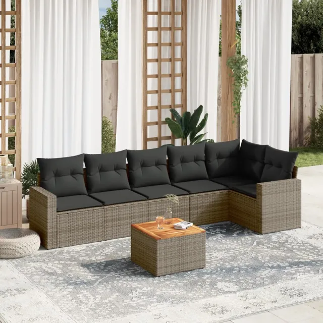 vidaXL 7-delige Loungeset met kussens poly rattan grijs, foto 2