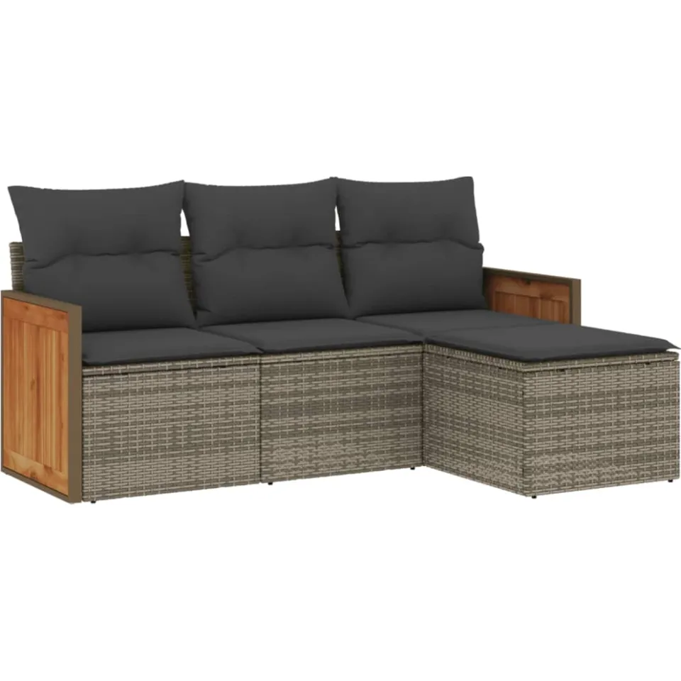 vidaXL 4-delige Loungeset met kussens poly rattan grijs, foto 3