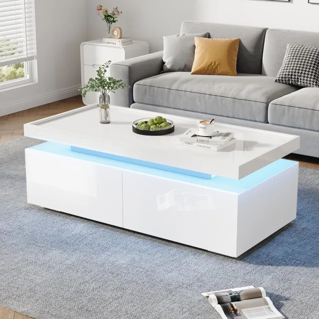 HAUSS SPOLE Salontafel - Hoogglans Met Ledverlichting En 2 Lades - Voor Woonkamer - Spaanplaat - 95 x 45 x 35 cm - Wit