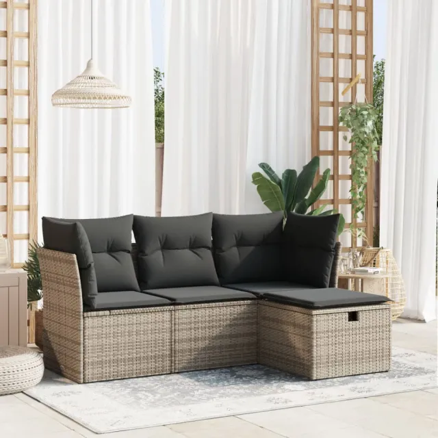 vidaXL 4-delige Loungeset met kussens poly rattan grijs, foto 2